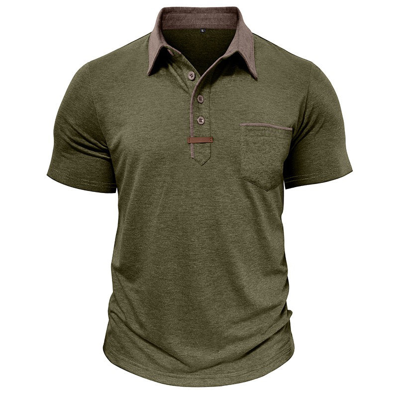 army green polo shirt for men with brown collar and chest pocket